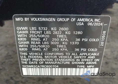2024 Volkswagen Atlas 2.0T Se W/Technology z USA, uszkodzony, nr VIN 1V2WR2CA7RC600704